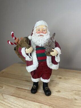 Vintage 1990s Fabric Mache Santa Claus Figure Tree Sack Squirrel Christmas Decor